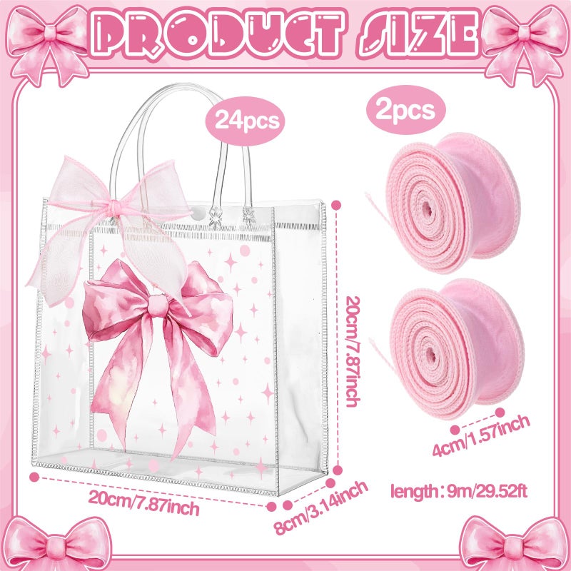 Wesnoy Pink Bow Clear PVC Gift Bags with Handles Coquette Bowknot Party Favor Candy Treat Tote Bags for Birthday Party - Image 3