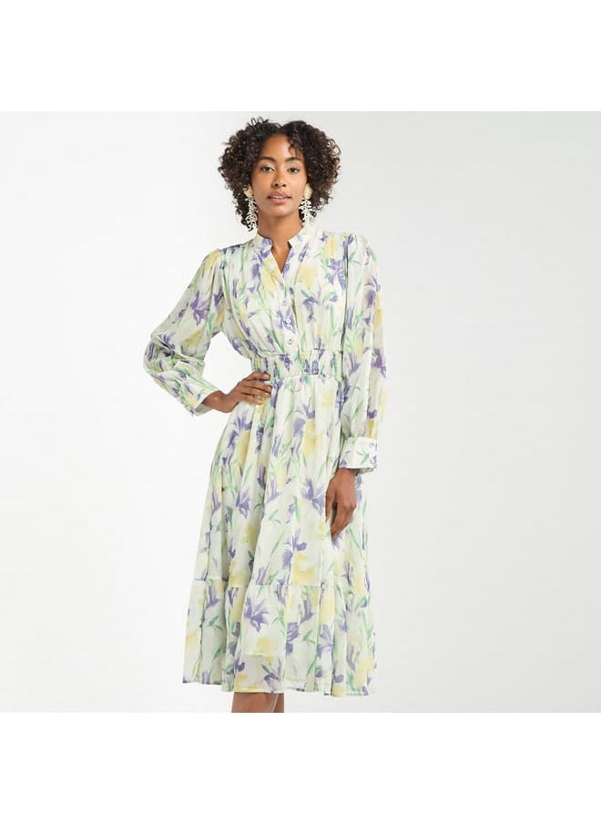 FAV All-Over Floral Print Midi Shirt Dress with Shirred Detail and Long Sleeves  - Image 1