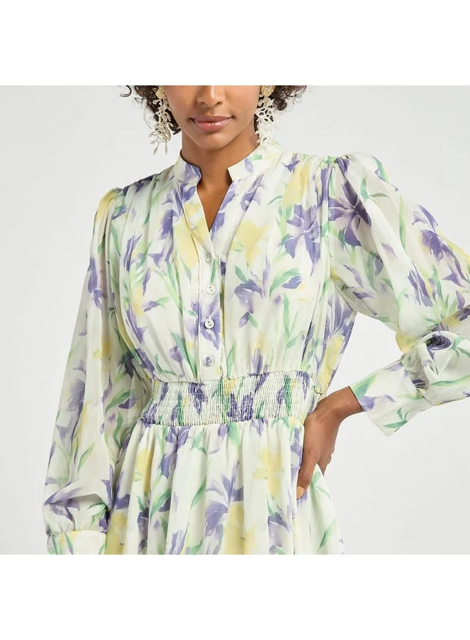 Splash FAV All-Over Floral Print Midi Shirt Dress with Shirred Detail and Long Sleeves