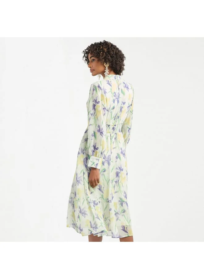 Splash FAV All-Over Floral Print Midi Shirt Dress with Shirred Detail and Long Sleeves