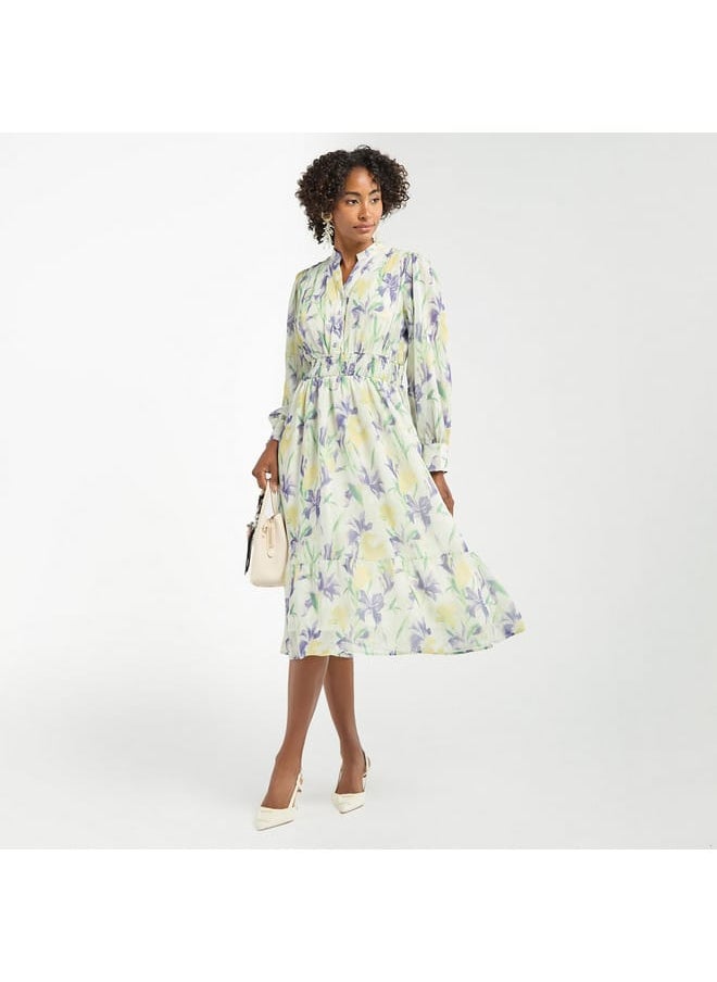 FAV All-Over Floral Print Midi Shirt Dress with Shirred Detail and Long Sleeves  - Image 2