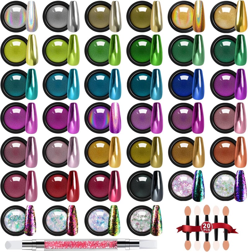 مجموعة مسحوق أظافر كروم مرآة، 40 لون من مسحوق الكروم الهولوغرافي المتلألئ، مسحوق معدني ذهبي فضي أحمر أزرق أخضر أسود بنفسجي بني، جليتر فن الأظافر، رقائق شيميلون، لامعة