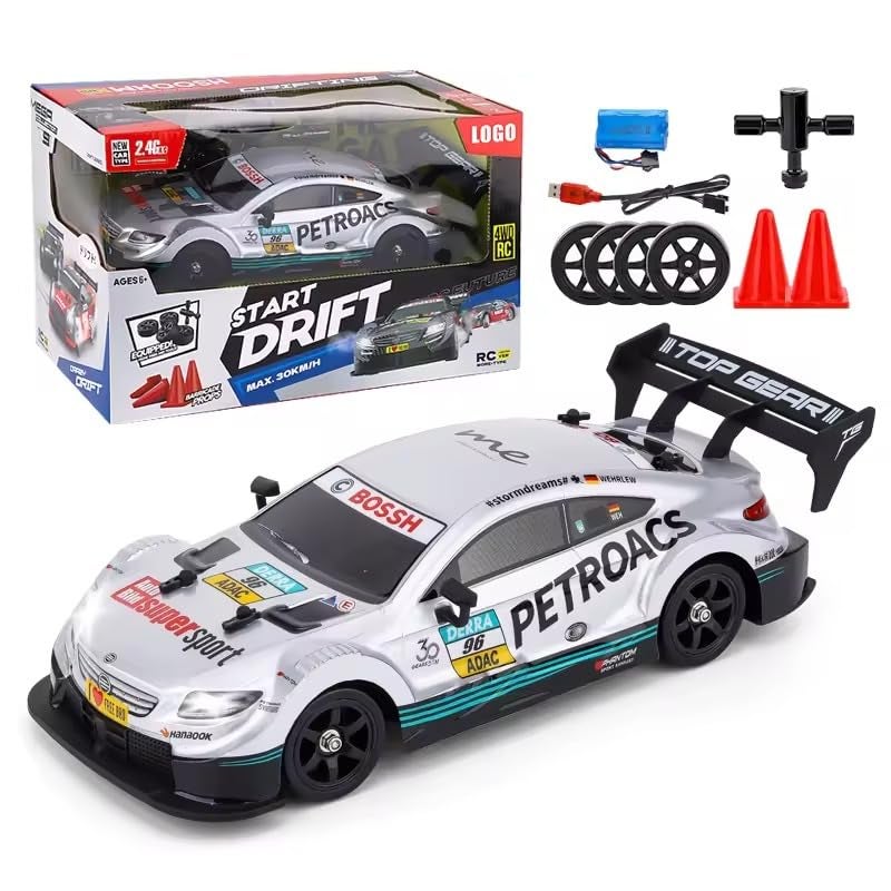 FEXXA RC Drift Car, 1:16 Scale Remote Control Car, 4WD 40KM/H High Speed RC Racing, 2.4GHz Electric Sport Driftings with Headlight, Drifting Tires and Racing Tires for Adults (Silver-Bossh) - Image 1
