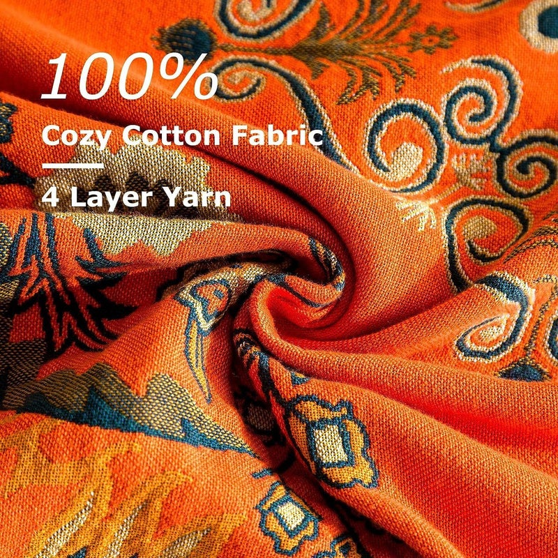 Boho Throw Blanket: Orange Cotton Reversible Lightweight Quilt - Floral Embroidery All Season Blanket for Home Sofa Couch Bed Decor - Image 5