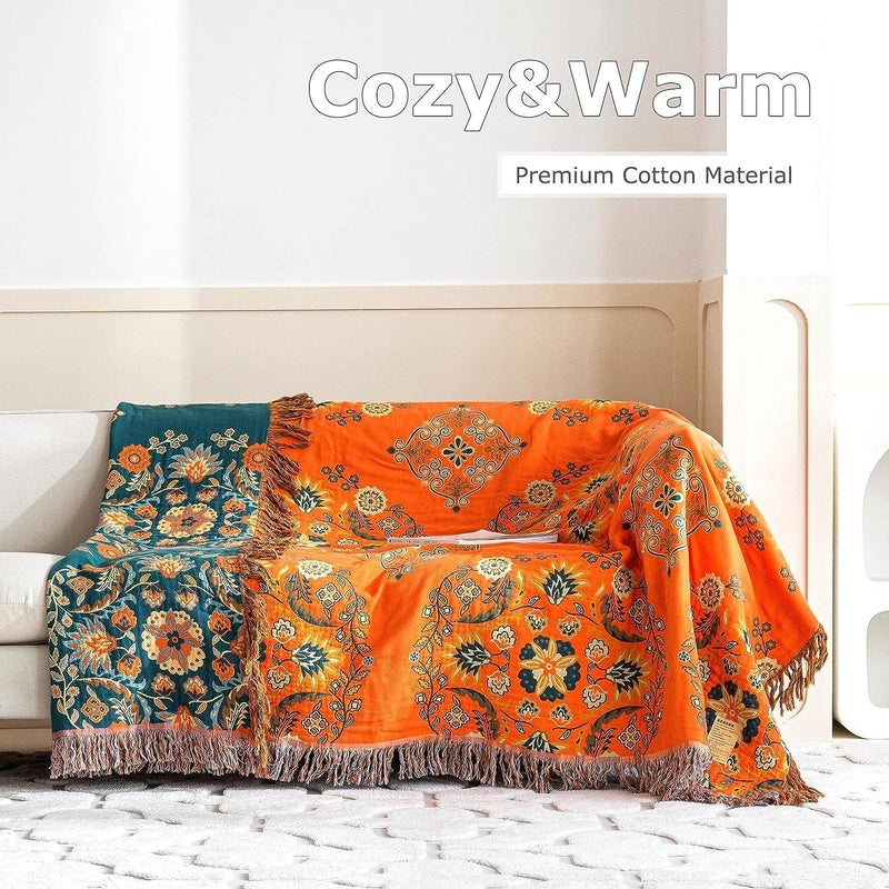 Boho Throw Blanket: Orange Cotton Reversible Lightweight Quilt - Floral Embroidery All Season Blanket for Home Sofa Couch Bed Decor - Image 4