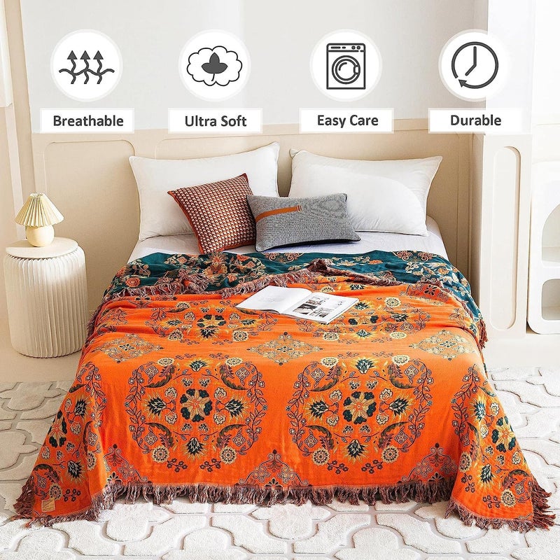 Boho Throw Blanket: Orange Cotton Reversible Lightweight Quilt - Floral Embroidery All Season Blanket for Home Sofa Couch Bed Decor - Image 2