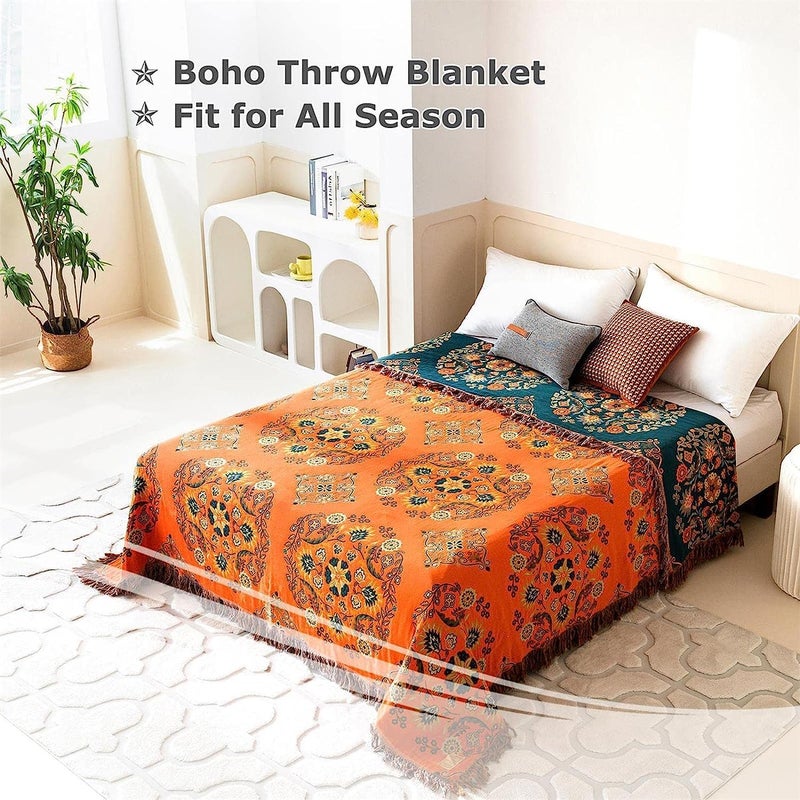 Boho Throw Blanket: Orange Cotton Reversible Lightweight Quilt - Floral Embroidery All Season Blanket for Home Sofa Couch Bed Decor - Image 3
