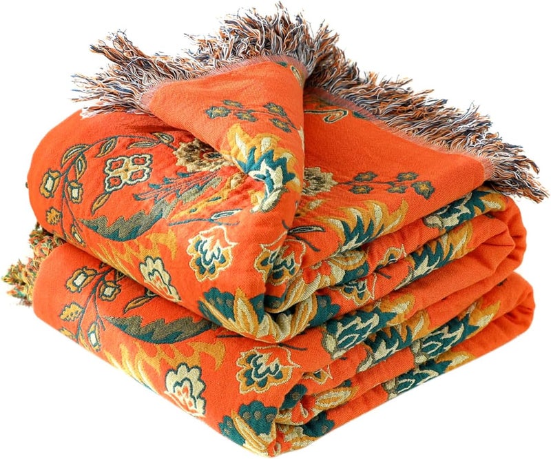 Boho Throw Blanket: Orange Cotton Reversible Lightweight Quilt - Floral Embroidery All Season Blanket for Home Sofa Couch Bed Decor - Image 1