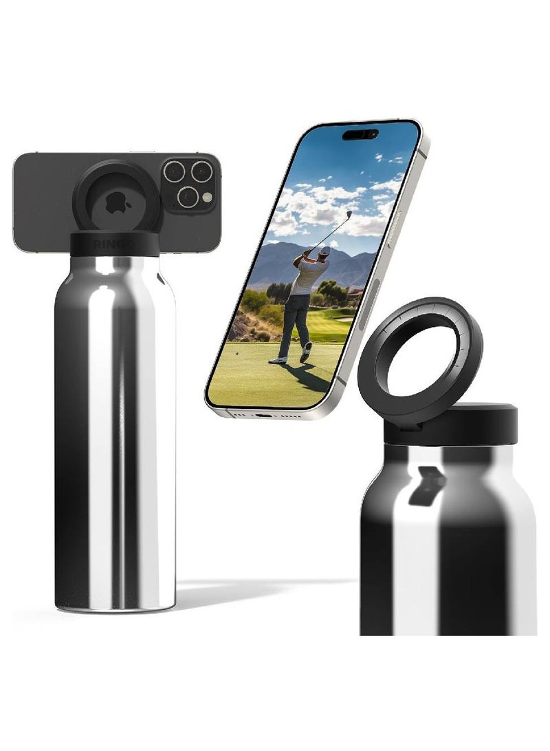 LIXES Insulated Water Bottle with MagSafe | 24oz Stainless Steel Water Bottle with Magnetic Phone Tripod Mount - Keeps Hot 12H, Cold 24H - Silver - Image 1