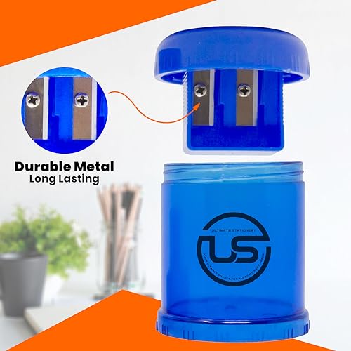 Ultimate Stationery Pencil Sharpeners, 3 Pack Blue Dual Hole Sharpener with Receptacle Pencil Sharpener Manual Pencil Sharpeners for Regular and Oversized Pencils or Crayons - Image 4