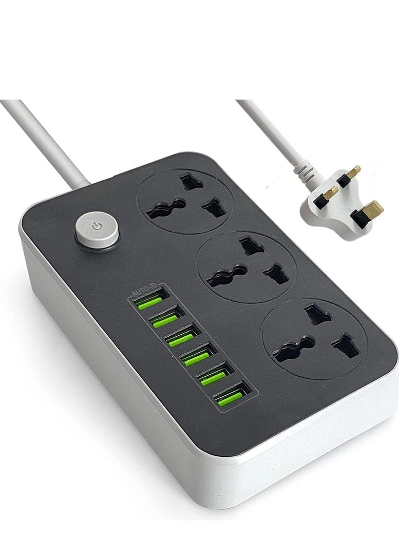 ELTRAZONE Power Strips Extension Cord 3 Outlets, Power Socket with 6 USB Ports Universal Charging Socket with 2M Bold Extension Cord - Image 1