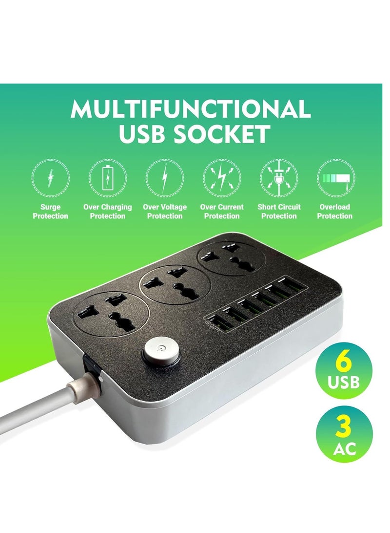 ELTRAZONE Power Strips Extension Cord 3 Outlets, Power Socket with 6 USB Ports Universal Charging Socket with 2M Bold Extension Cord - Image 2
