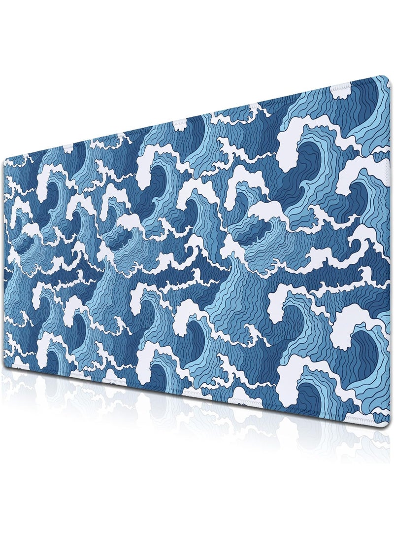 Gaming Mouse Pad XXL, 900 x 400MM Extended Large Mousepad,Big Computer Keyboard Desk Pad, Waterproof Mouse Mat with Stitched Edges and Non-Slip Base for Office Home Gaming (Blue and White Wave) - Image 1
