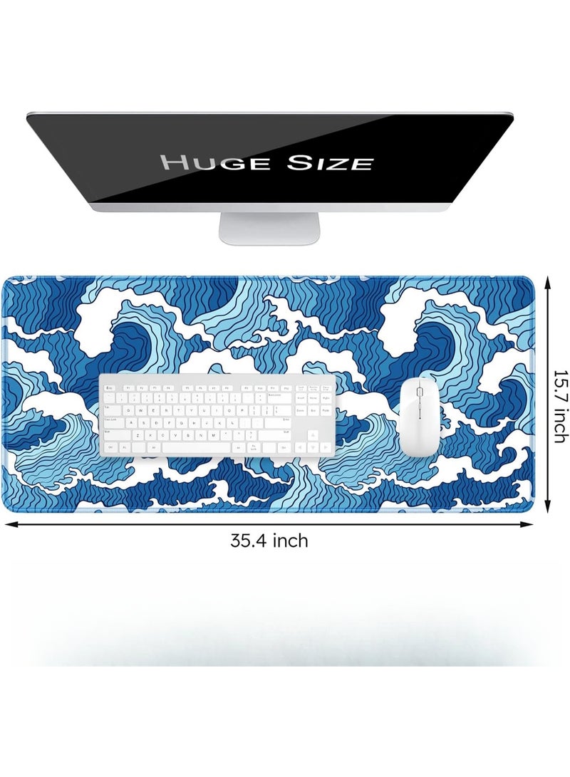 Gaming Mouse Pad XXL, 900 x 400MM Extended Large Mousepad,Big Computer Keyboard Desk Pad, Waterproof Mouse Mat with Stitched Edges and Non-Slip Base for Office Home Gaming (Blue and White Wave) - Image 2