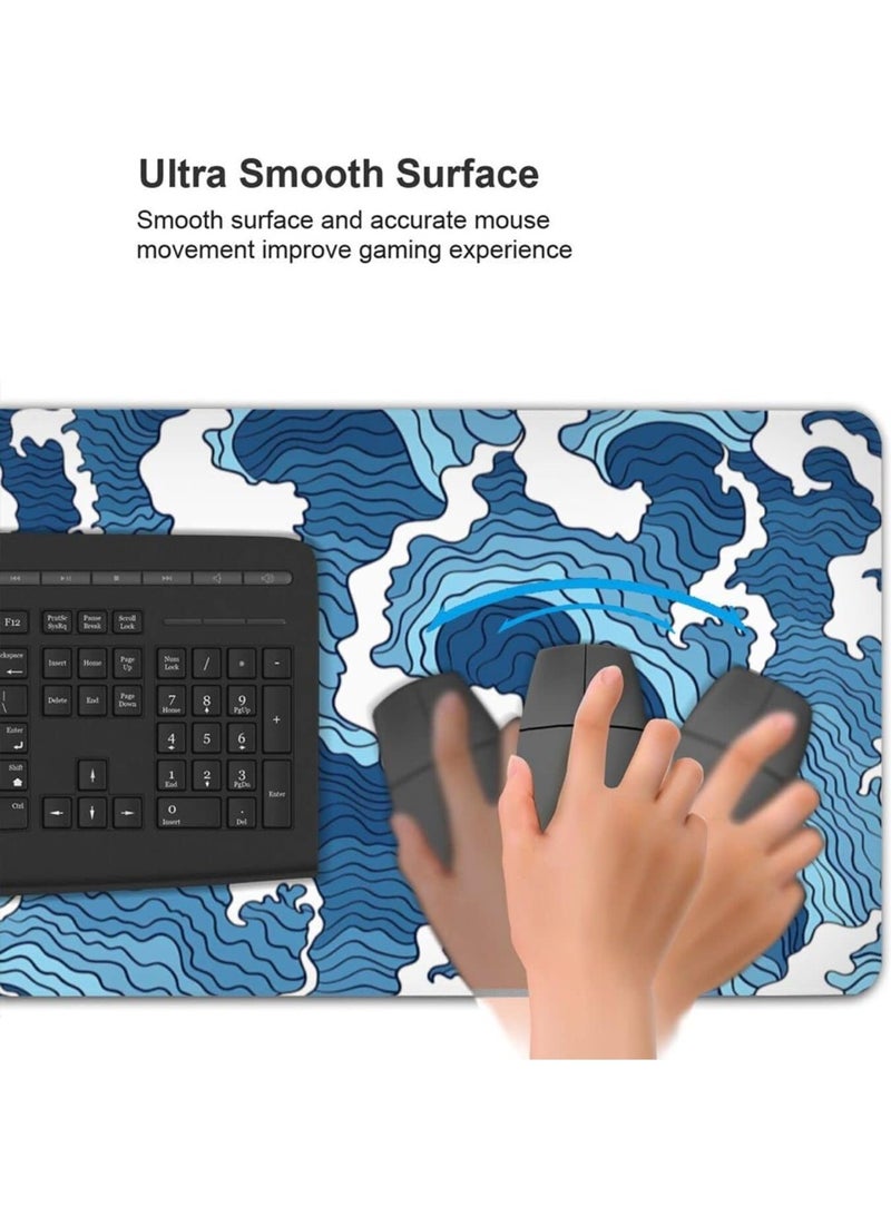 Gaming Mouse Pad XXL, 900 x 400MM Extended Large Mousepad,Big Computer Keyboard Desk Pad, Waterproof Mouse Mat with Stitched Edges and Non-Slip Base for Office Home Gaming (Blue and White Wave) - Image 3