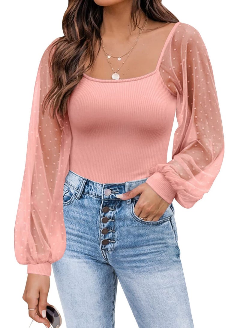 DOROSE Womens Mesh Long Sleeve Shirts Casual Blouses Tops Light Pink XL - Image 1