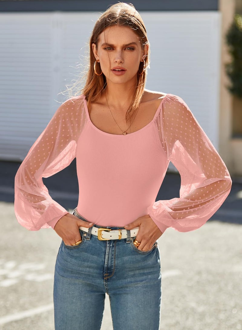 DOROSE Womens Mesh Long Sleeve Shirts Casual Blouses Tops Light Pink XL - Image 2