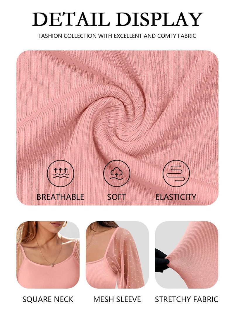 DOROSE Womens Mesh Long Sleeve Shirts Casual Blouses Tops Light Pink XL - Image 5