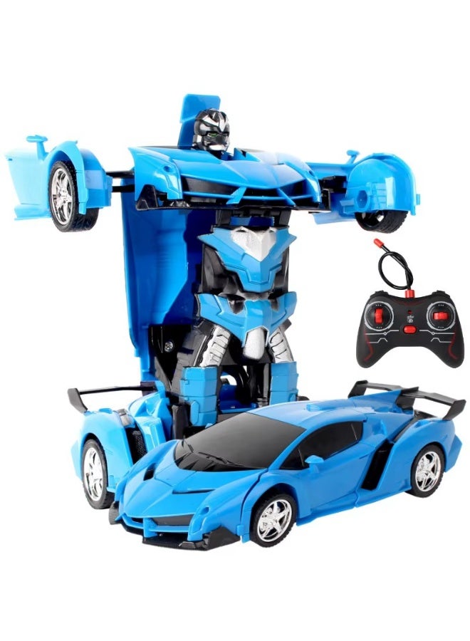 2 in 1 Transforming RC Robot Car Toy Blue, Convertible Remote Control Robot with Flashing Light, One-Key Deformation, 360° Rotation, Dual Battery, Rechargeable, Durable ABS Material, Anti-Collision