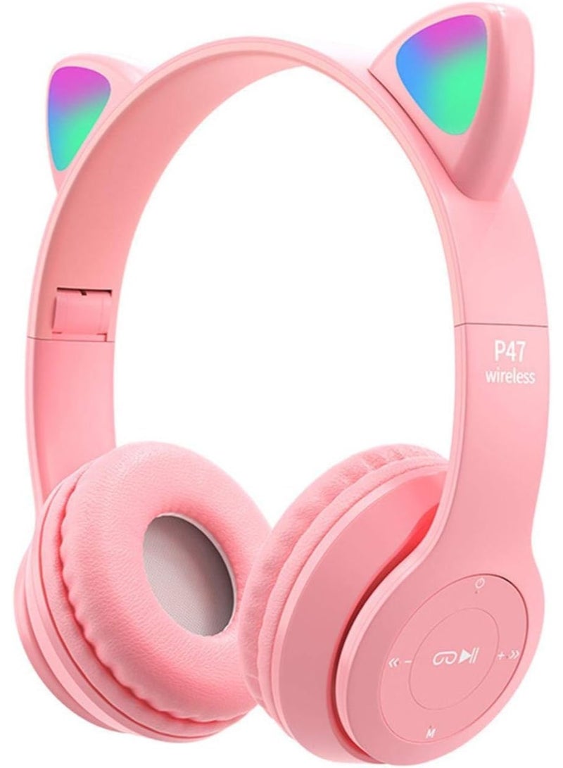p47m Wireless Bluetooth Headphone Cat RGB LED - Over Ear Stereo Music Headset with Memory Card Support, Gaming Headphones with Built-in Microphone for Laptop, Mobile Phone, Kids,Girls,PC (Pink) - Image 1