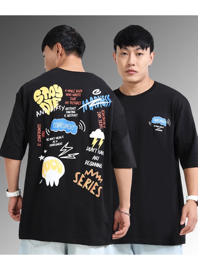 QUCO Black Oversized Printed T-Shirt for Men - Image 1