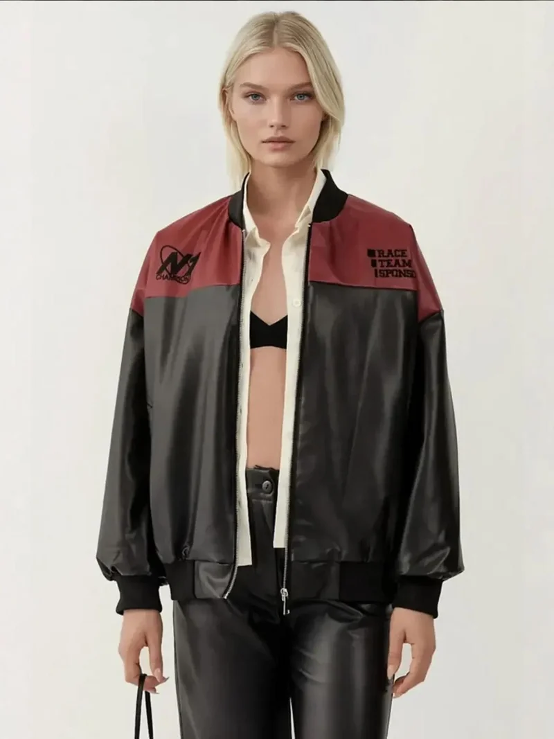 بيغ دارت BDART Fitted Crop Faux Leather Bomber Jacket with Bow