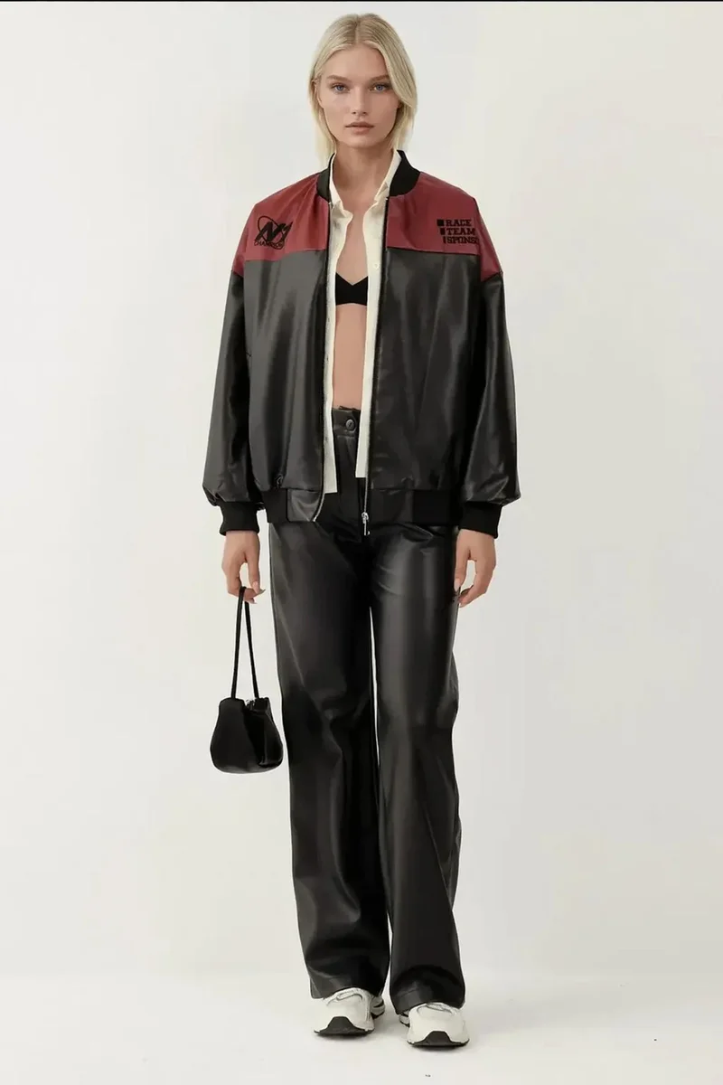 Big Dart Burgundy Red BDART Fitted Crop Faux Leather Bomber Jacket with Bow for Women | Best Price UAE