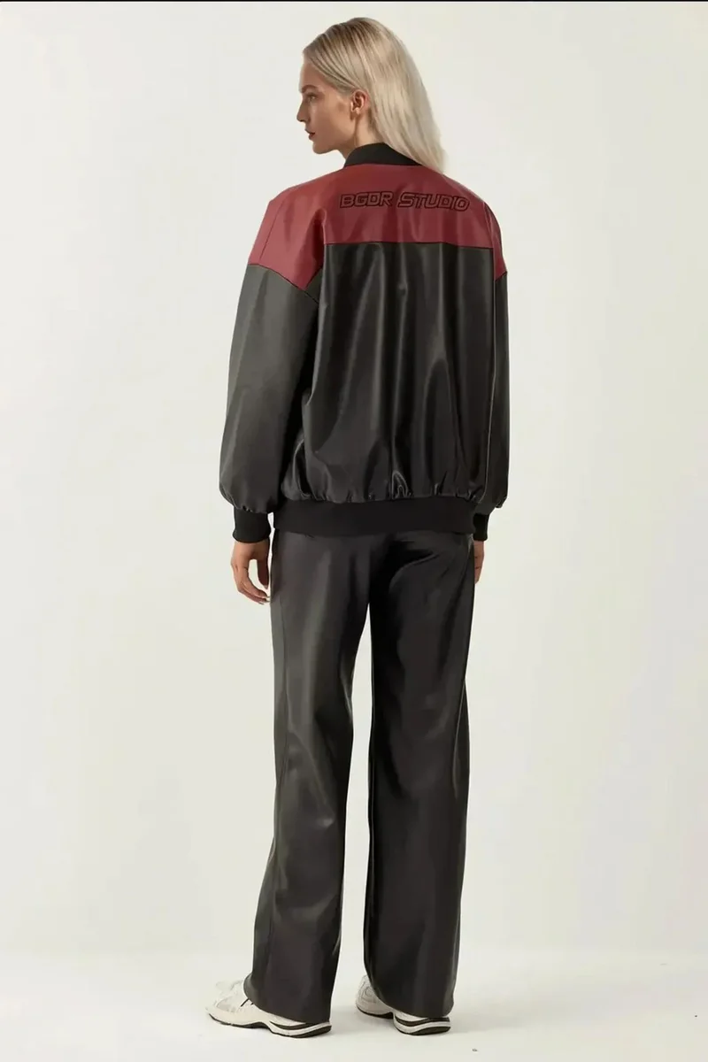 Big Dart Burgundy Red BDART Fitted Crop Faux Leather Bomber Jacket with Bow for Women | Best Price UAE