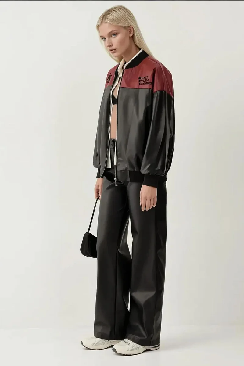 Big Dart Burgundy Red BDART Fitted Crop Faux Leather Bomber Jacket with Bow for Women | Best Price UAE