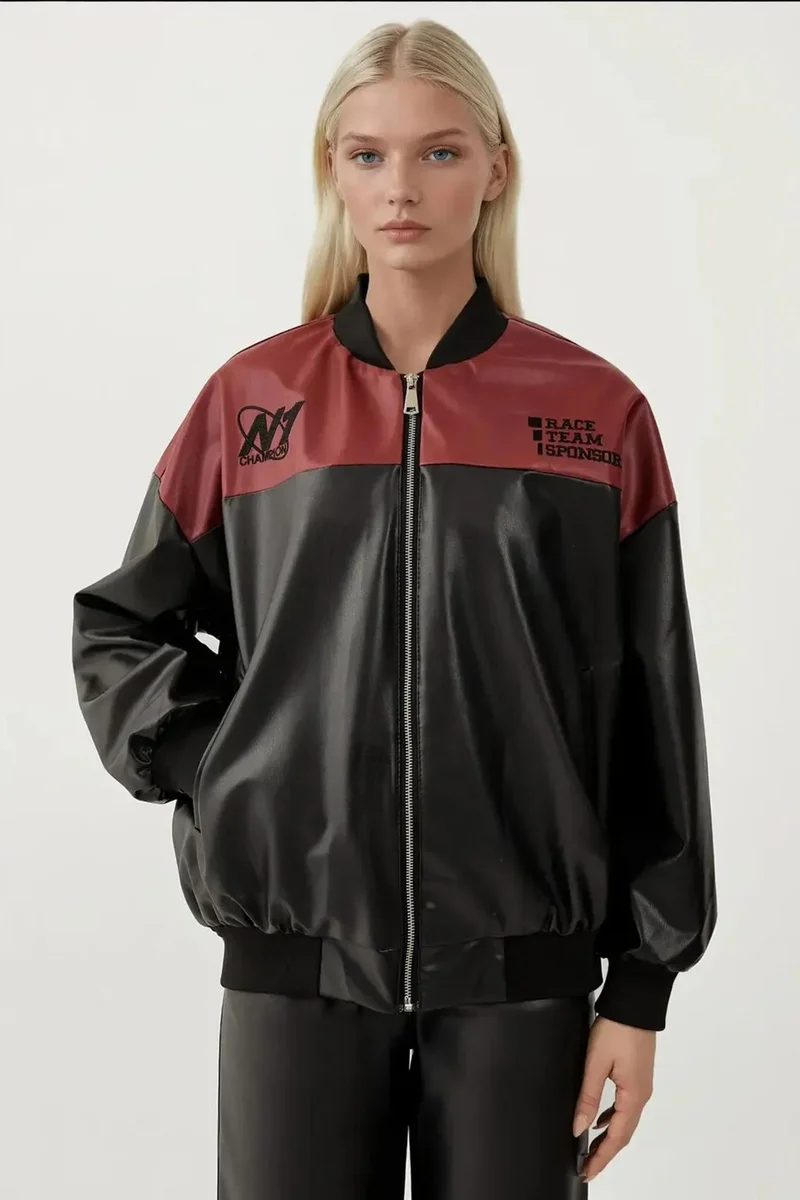 Big Dart Burgundy Red BDART Fitted Crop Faux Leather Bomber Jacket with Bow for Women | Best Price UAE