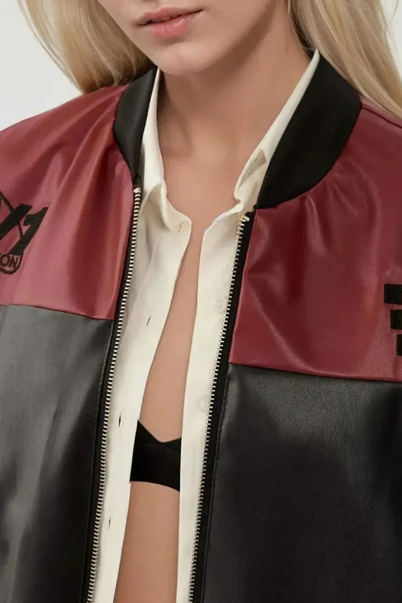 Big Dart Burgundy Red BDART Fitted Crop Faux Leather Bomber Jacket with Bow for Women | Best Price UAE