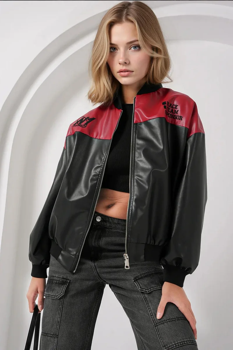 Big Dart Burgundy Red BDART Fitted Crop Faux Leather Bomber Jacket with Bow for Women | Best Price UAE