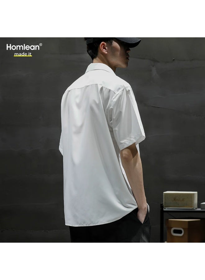 Homlean Literary Short-sleeved Shirt Men's Spring And Summer Solid Color Basic Cool Half-sleeve Shirt Hl12 White L - Image 3