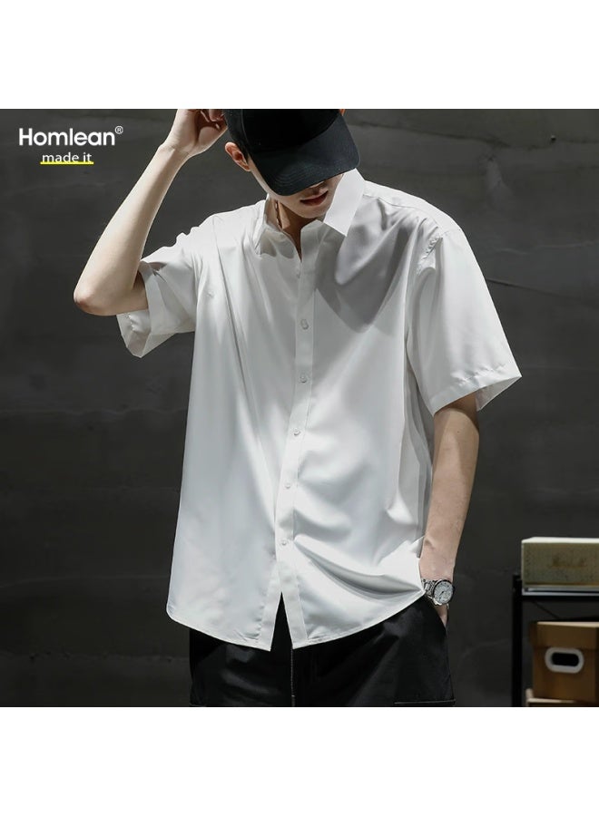 Homlean Literary Short-sleeved Shirt Men's Spring And Summer Solid Color Basic Cool Half-sleeve Shirt Hl12 White L - Image 2