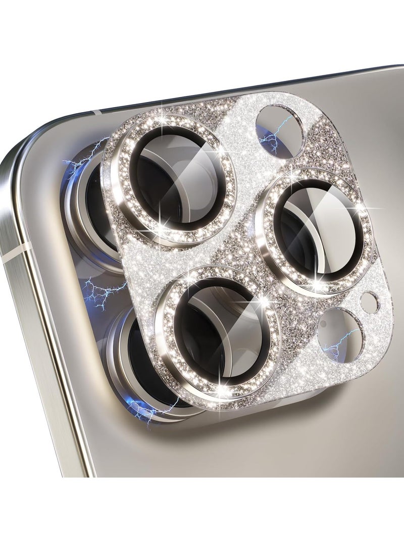 Bukela Compatible for iPhone 15 Pro/iPhone 15 Pro Max Camera Lens Protector, Bling Camera Cover with 9H Tempered Glass Lens Screen Protector Metal Ring Decoration Accessories (Glitter-Titanium Gold) - Image 1
