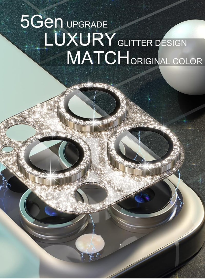 Bukela Compatible for iPhone 15 Pro/iPhone 15 Pro Max Camera Lens Protector, Bling Camera Cover with 9H Tempered Glass Lens Screen Protector Metal Ring Decoration Accessories (Glitter-Titanium Gold) - Image 3