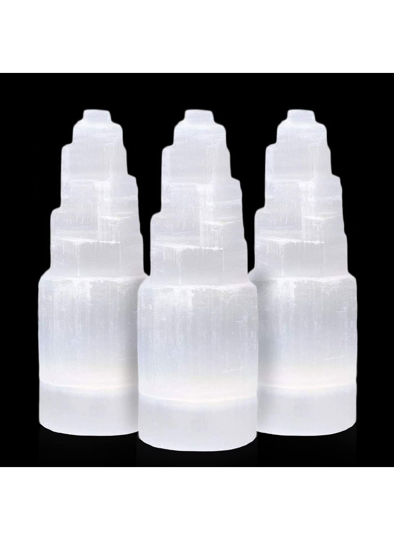 Himalayan Glow Himalayan Glow WBM Selenite Tower Skyscraper 10cm, Natural Home Decoration & Meditation Crystal Stone-3 PCS Lamp, (Pack of 3), White 