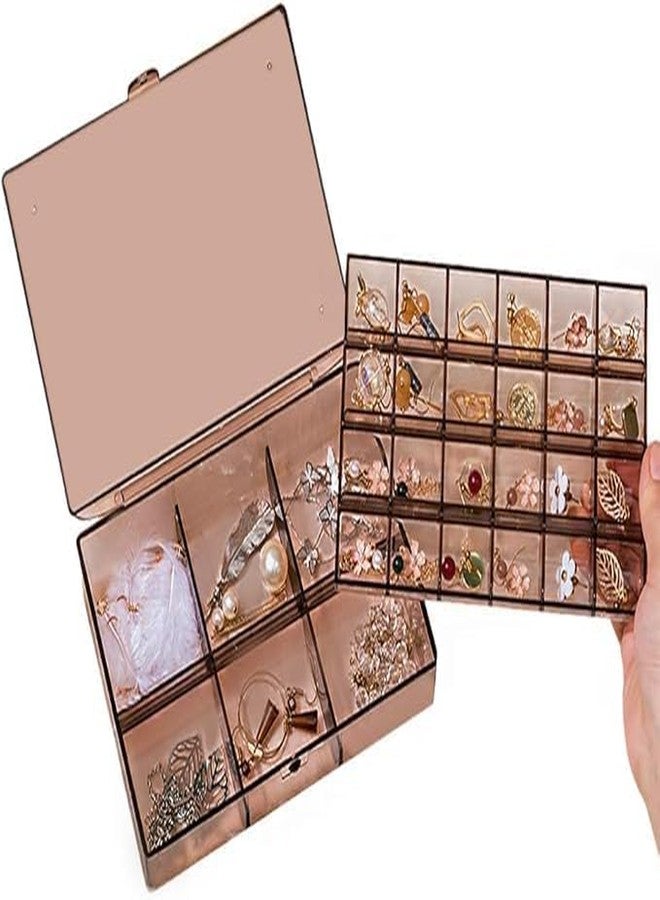 KONSSEE Plastic Jewellery Organiser 30 Grid Double Layer Storage Box Case With Dividers Container For Rings, Earrings, Necklace Home Organizer, Clear Brown - Image 2