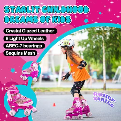 DFXLF Kids Roller Skates for Girls 4 Size Adjustable Ages 3-5 5-8 6-12 Red Quad Rollerskates with Light Up Wheels for Beginner Children's Birthday Gift patines para niñas Outdoor Sports - Image 2
