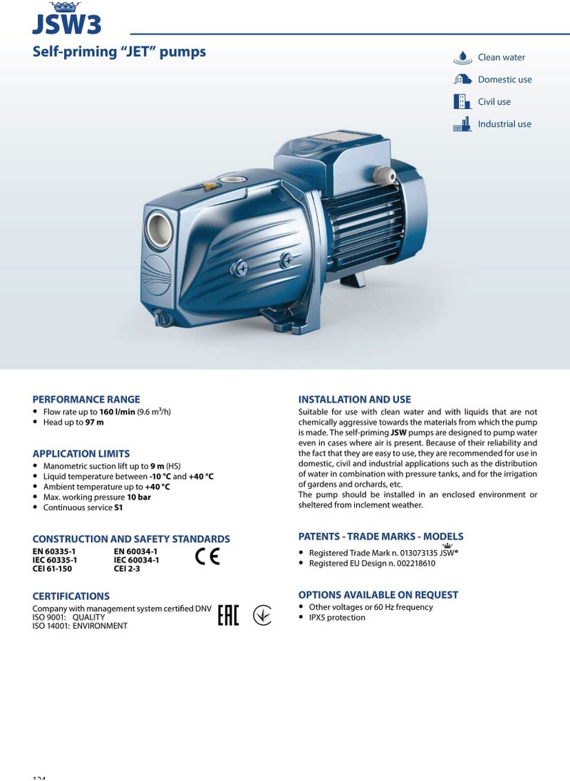 Pedrollo - JSWm 3BH Self-priming Pump 1 Phase 2 HP - Image 1