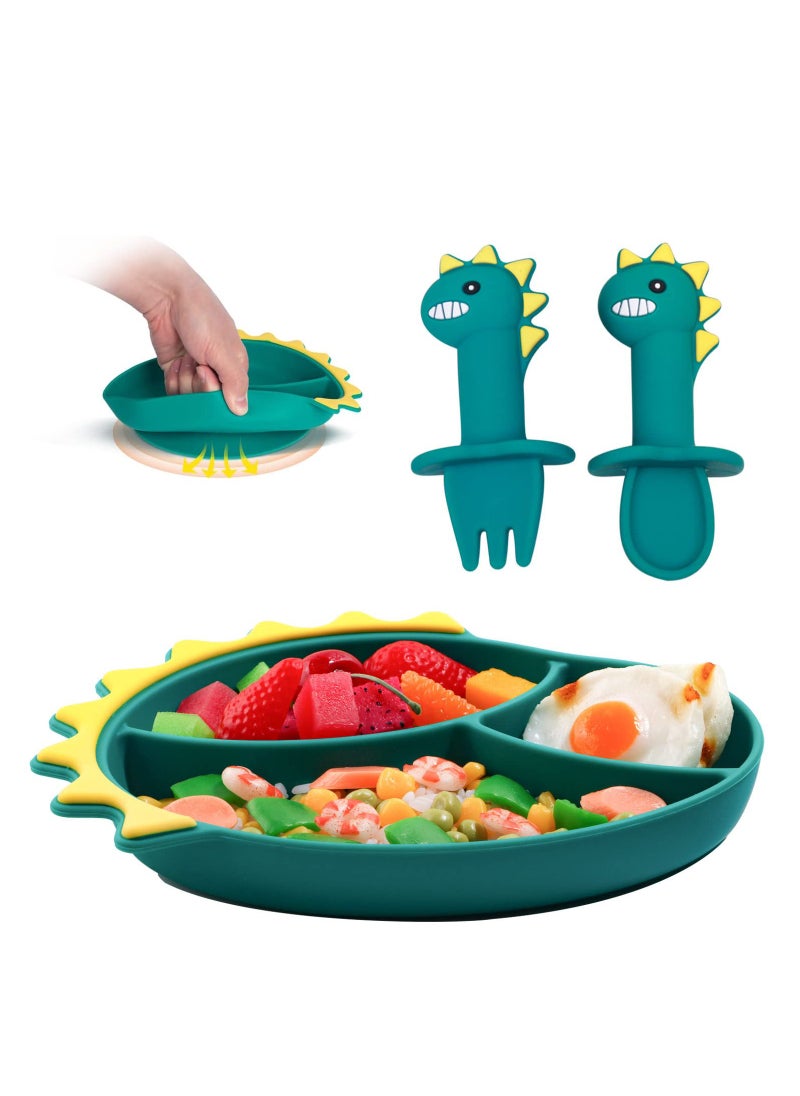 SYOSI - Silicone Toddler Plates Baby Feeding Set Silicone Suction Plates for Baby with Spoon and Fork Set Kids Divided Grip Dish Self Feeding Training Baby Dinner Plate Microwave Dishwasher Safe - Image 1