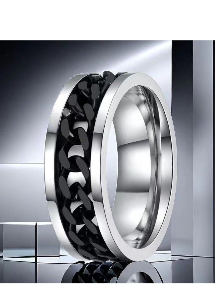 Black Stainless Steel Chain Spinner Ring – Titanium Steel, Rotating Fidget Band, Durable Mechanical Design, Vacuum-Plated, Unisex Fashion Jewelry, EU Size 60 - Image 2