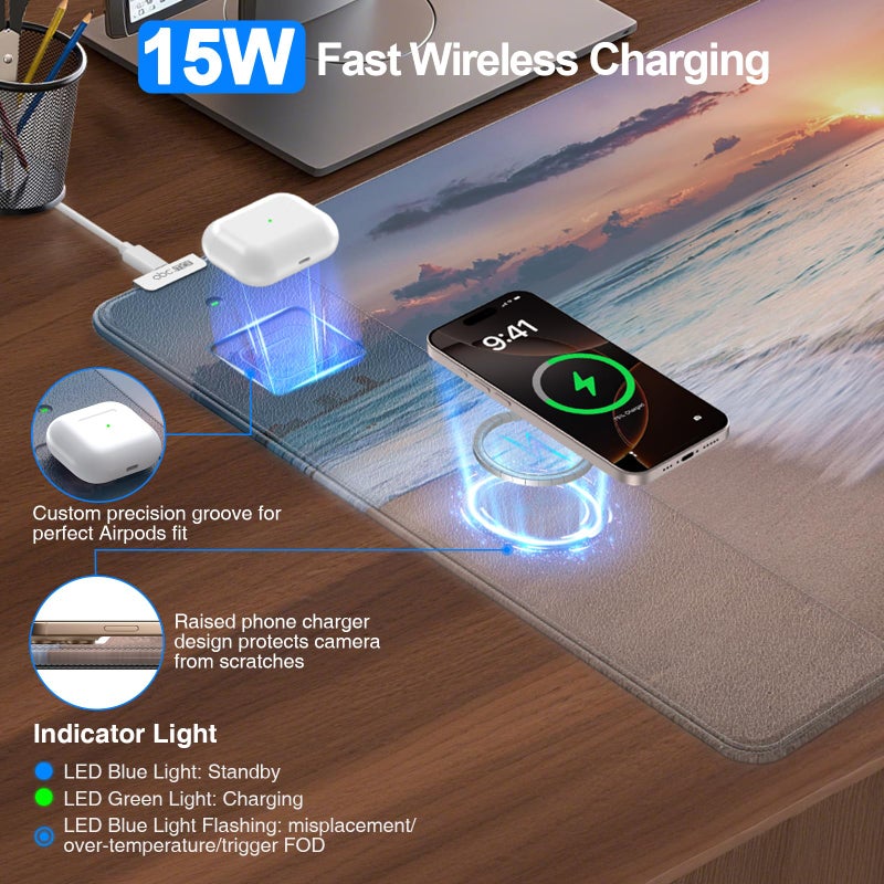 abc.mat Wireless Charging Mouse Pad, 31.5"x15.8" Large Gaming Desk Mat for Keyboard/Laptop, Waterproof Ultra-Smooth Surface, Non-Slip Base, with 20W PD Adapter, Beach Sunset - Image 2