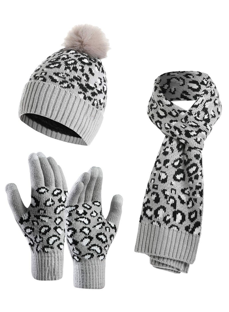 KASTWAVE Leopard Print Winter Knit Set - Stylish & Warm Bobble Hat, Scarf, Gloves Combo for Women and Girls - Touchscreen Compatible, Ideal for Outdoor Activities - Image 1