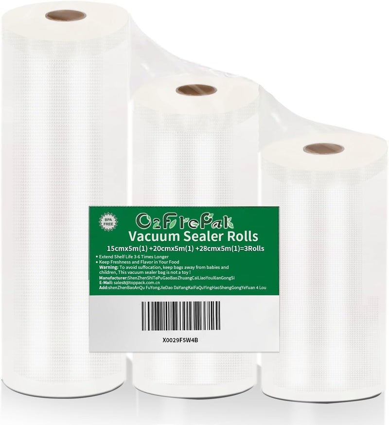 O2frepak 3 عبوات 15x500 سم (لفة واحدة) و 20x500 سم (لفة واحدة) و 28x500 سم (لفة واحدة) لفات أكياس مانعة للتسرب بالتفريغ الهوائي خالية من BPA، أكياس تخزين مانعة للتسرب بالتفريغ الهوائي ثقيلة التحمل، لفات قابلة للقص حسب الحجم، رائعة للطهي بالتفريغ (Sous Vide) - Image 1
