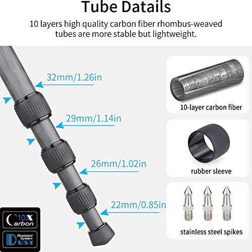 INNOREL RT85C Carbon Fiber Tripod Without Ballhead Super Professional Tripod Monopod Heavy Duty Stand Support for Digital DSLR Camera Black - Image 2