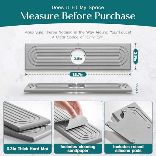 Eormoe Kitchen Sink Faucet Mat - 15.7in Diatomite Sink Protectors for Kitchen Sink, Stone Sink Splash Guard for Kitchen Counter Sink Accessories (Grey, 15.7'' x 3.9'') - Image 5