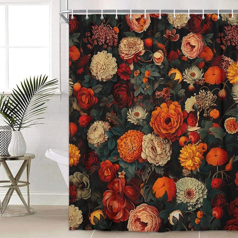 Drgilau Floral Shower Curtain  Vintage Floral Shower Curtain Set Red Flower Plants Bathroom Curtain  Boho Floral Shower Curtain Set with Hooks for Bathroom Decor 72X72 Inch - Image 1