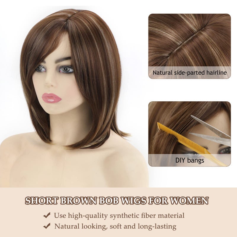SEVENCOLORS Short Brown Mixed Blonde Bob Wigs for White Women Shoulder Length Synthetic Hair Wigs with Side Bangs Straight Blonde Highlights Womenâ€™s Wig - Image 2