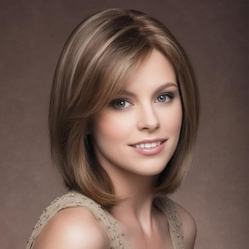 SEVENCOLORS Short Brown Mixed Blonde Bob Wigs for White Women Shoulder Length Synthetic Hair Wigs with Side Bangs Straight Blonde Highlights Womenâ€™s Wig - Image 1